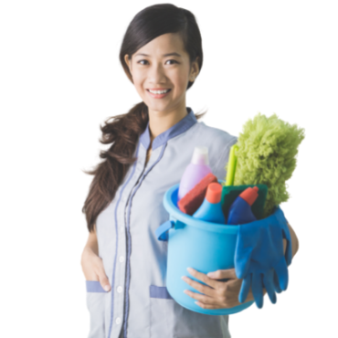 Smiling girl with cleaning items