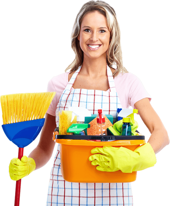 Smiling girl with cleaning equipments